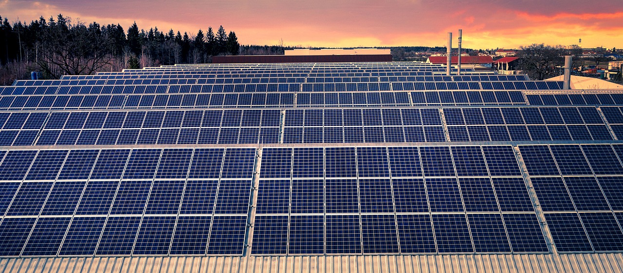 A lot of solar panels behind and next to each other with a sun rise in the back ground illustrating what you can get when you Rent or Buy Solar